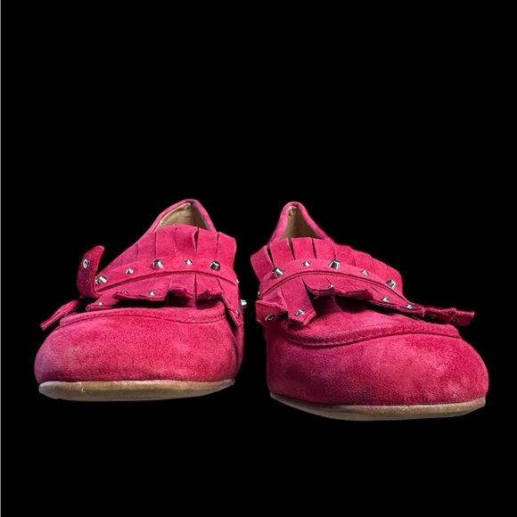 Franco Sarto Suede Loafers Red Fringed studded Toe Block Heel Chunky Sz 9 NWT - Picture 6 of 12
